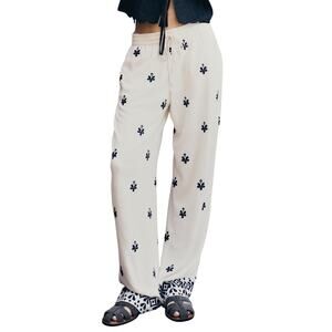 ZARA Embroidered Wide Leg Linen Blend Pant Cream Black NEW Size XS